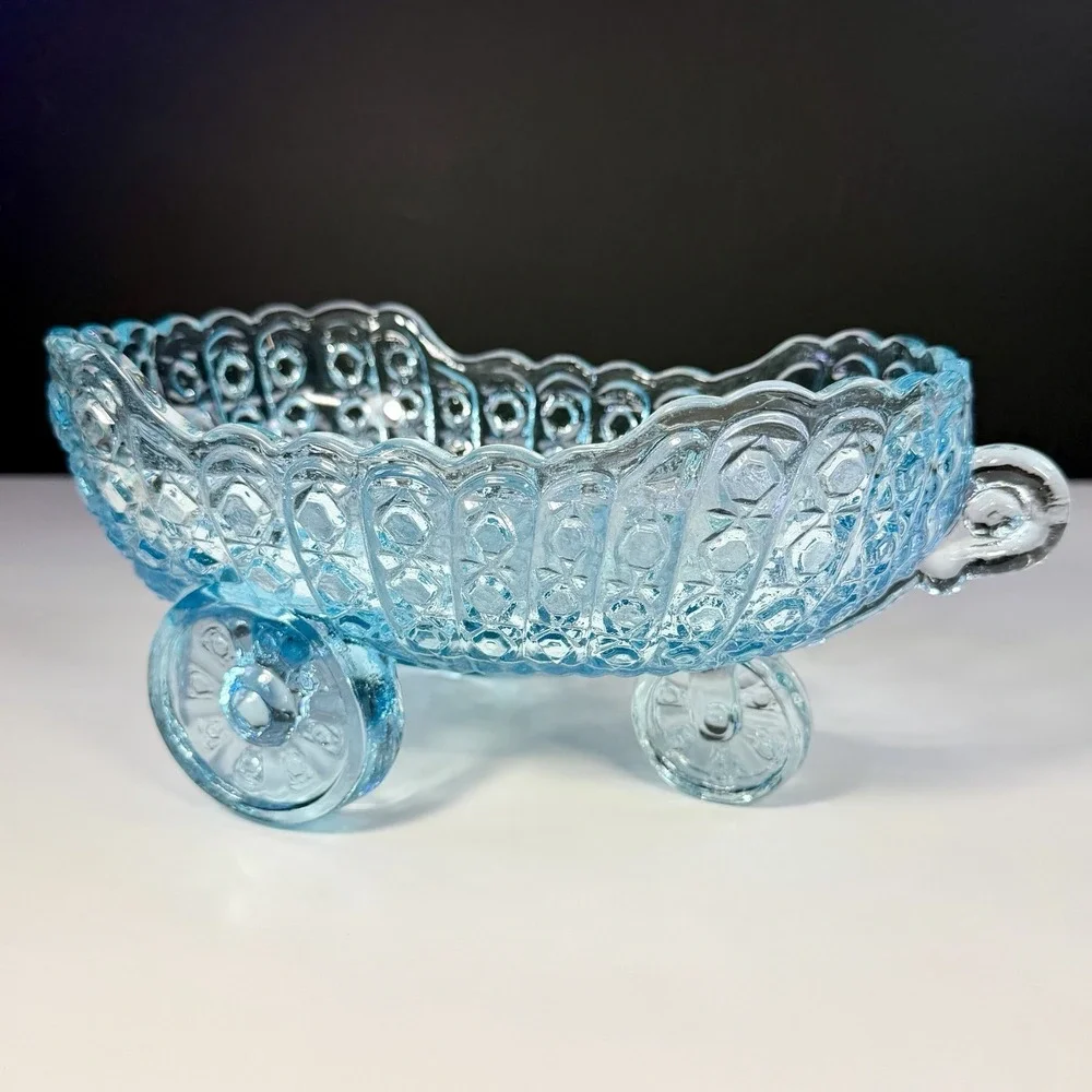 VTG McKee Aqua Glass Baby Carriage Coach Bowl Daisy & Button Candy Dish EAPG